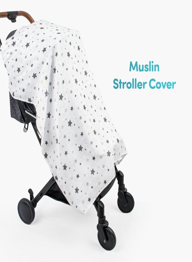 Sevi Bebe Muslin Stroller Cover - Versatile Baby Stroller Sunshade, Windbreaker, and Insect Shield - Stylish and Breathable Travel Accessory (Grey Star) - Image 2